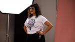Priya Gurnani, this year’s artwork designer, poses wearing the new International Women’s Day t-shirt. 